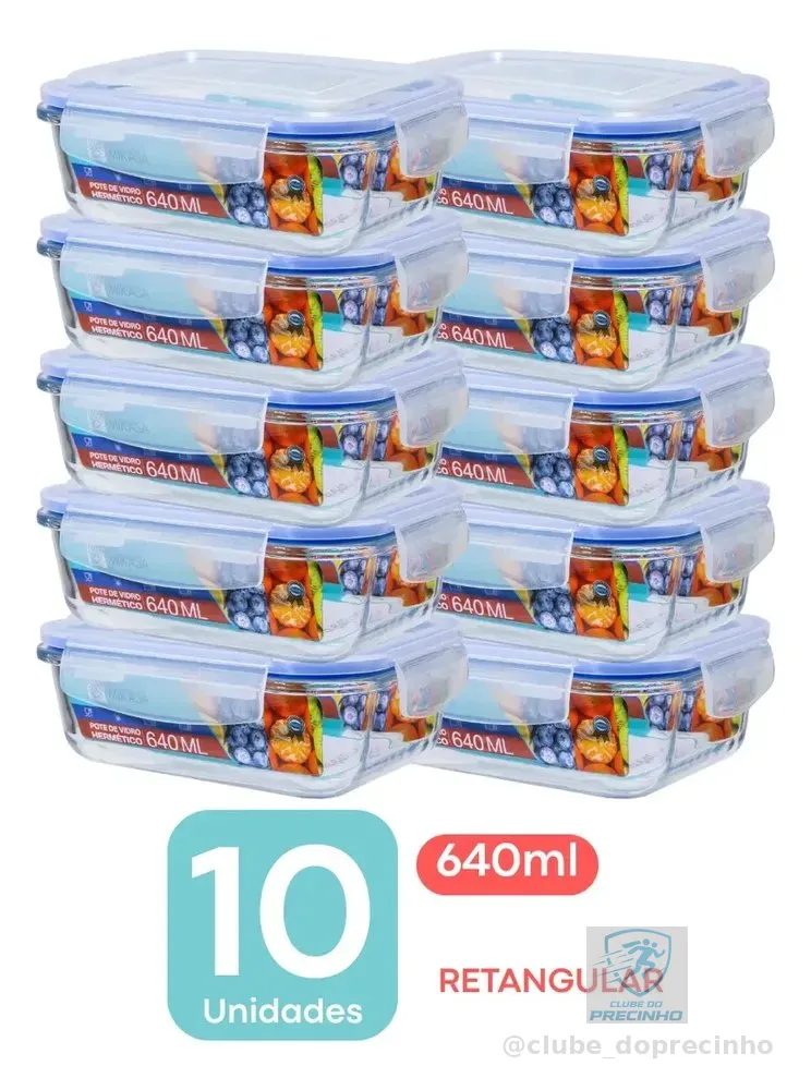 Kit Potes Marmita Vidro 640ml Retangular Hermético 640ml