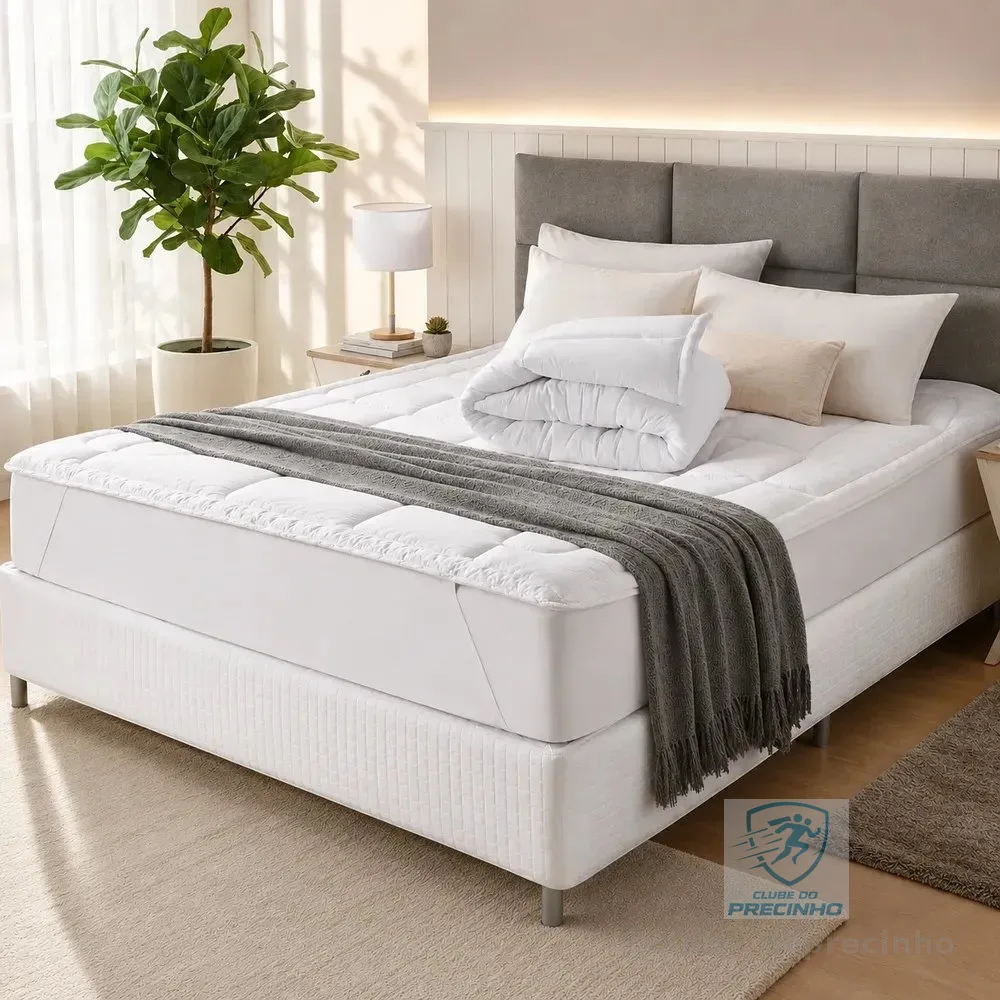 Pillow Top Protetor Colchão Cama Casal 400 Fios Toque Macio Branco Matelado Liso Casal