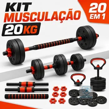 Kit Treino Funcional 20kg Musculação Barra Halteres Anilhas Supino Kettlebell Peso Ajustável