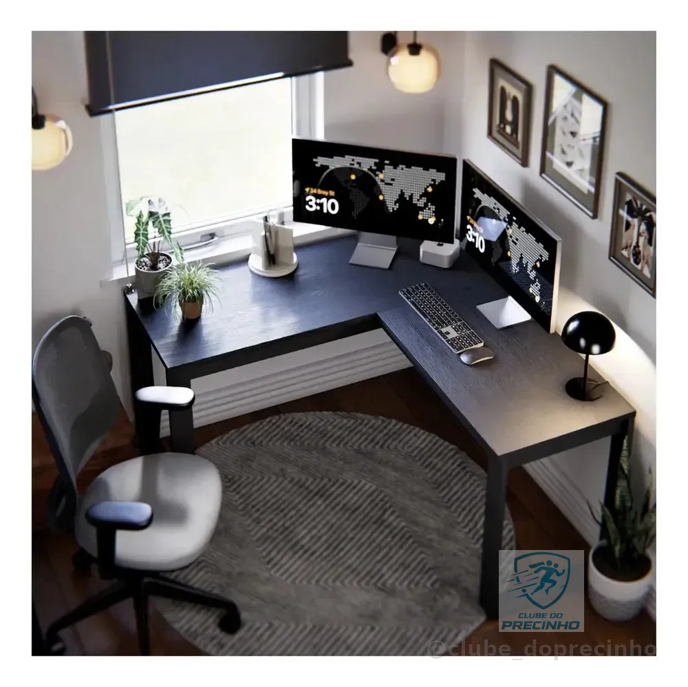 Escrivaninha Industrial Em L Berlim Mesa Escritório Home Office Para Estudo De Canto Em MDF Cor Preto
