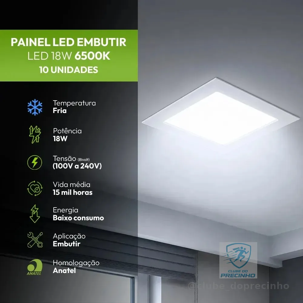 Kit 10 Painel led Plafon Embutir 18w 6500k Branco Frio 12cm 110v/220v Bivolt Quadrado Branco Cod:399211371 Easy By Avant