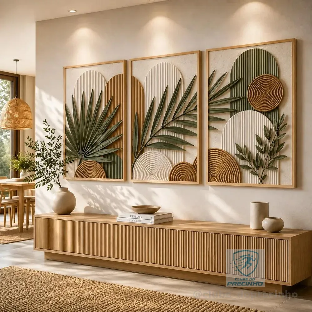 Quadro Decorativo Trio Folhagem Botânica Com Moldura Grande Bege