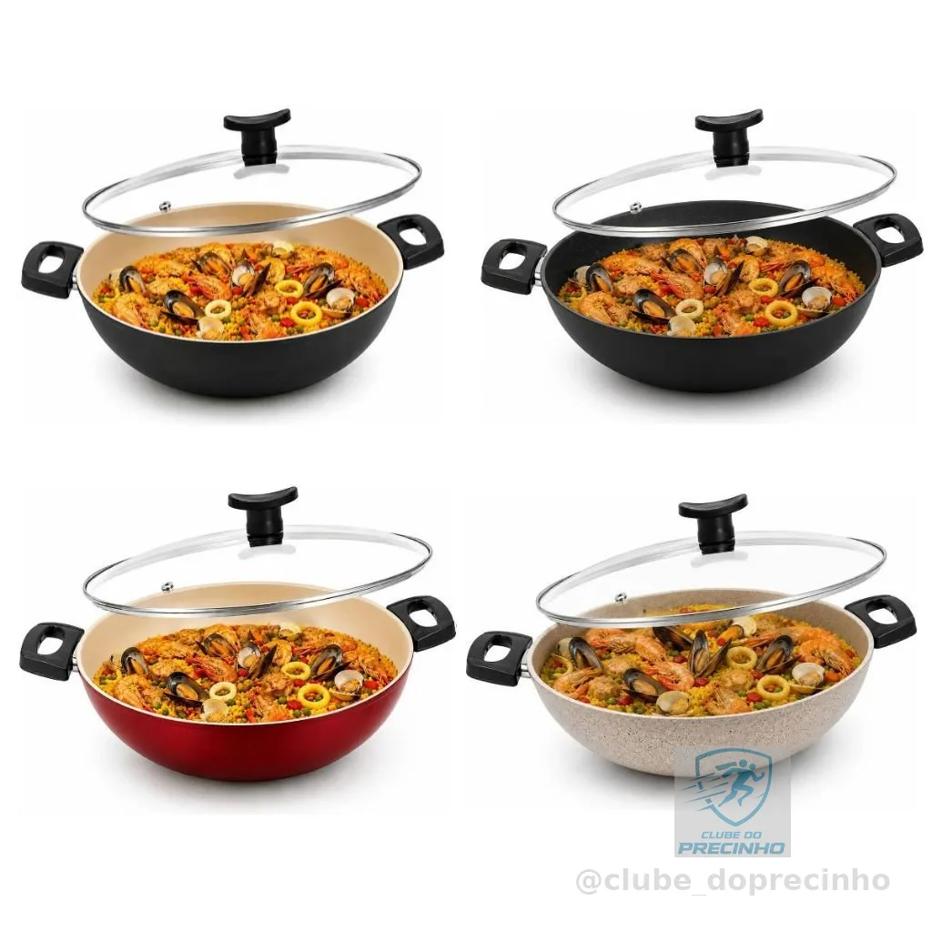 Frigideira Wok com Tampa 30cm Grande Alta Antiaderente Teflon de Vidro Caçarola paella paelleira