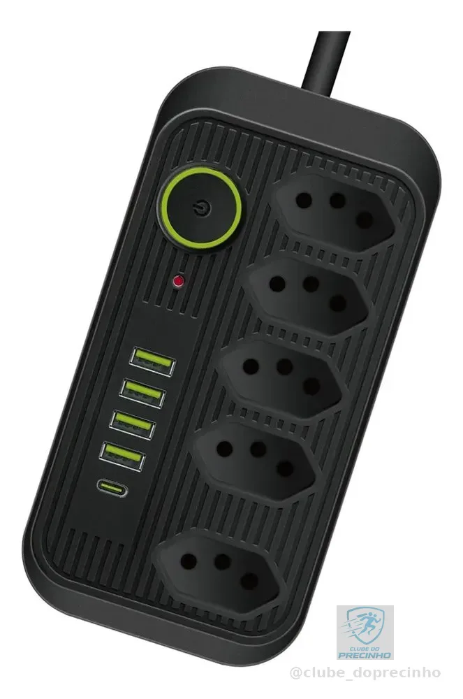 Extensão 5 Tomadas E  1 Pd 4 Usb Led Bivolt Power 127v/220v Preto. 127/220v