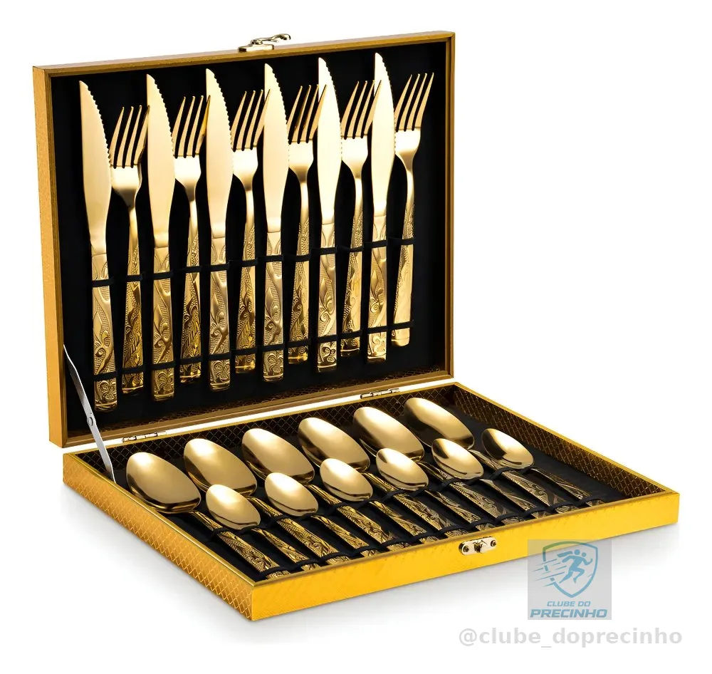 Kit Faqueiro Dourado Luxo Jogo Talheres Inox 24pçs + Maleta