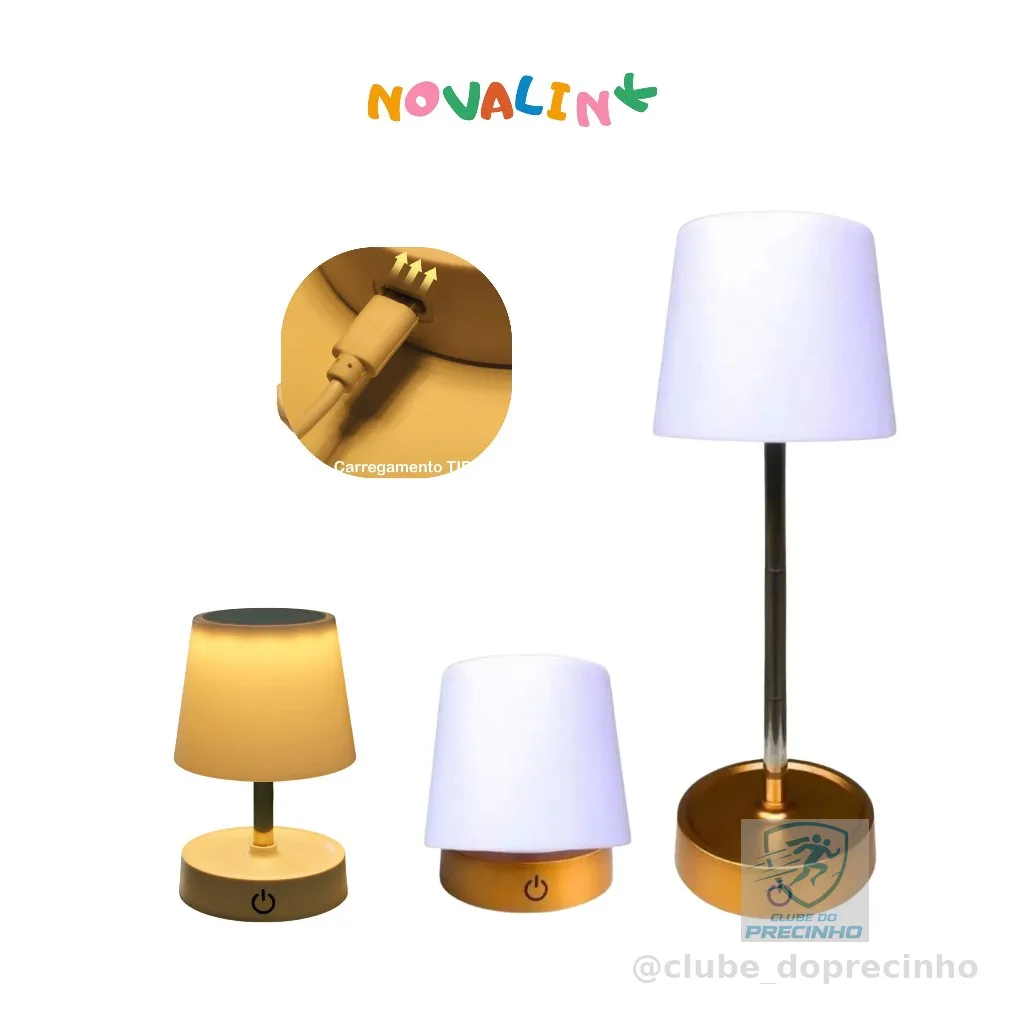 Abajur Recarregável Touch Luminária Retrátil em Aço com Luz de Led Branco Quente Ajustável-USB