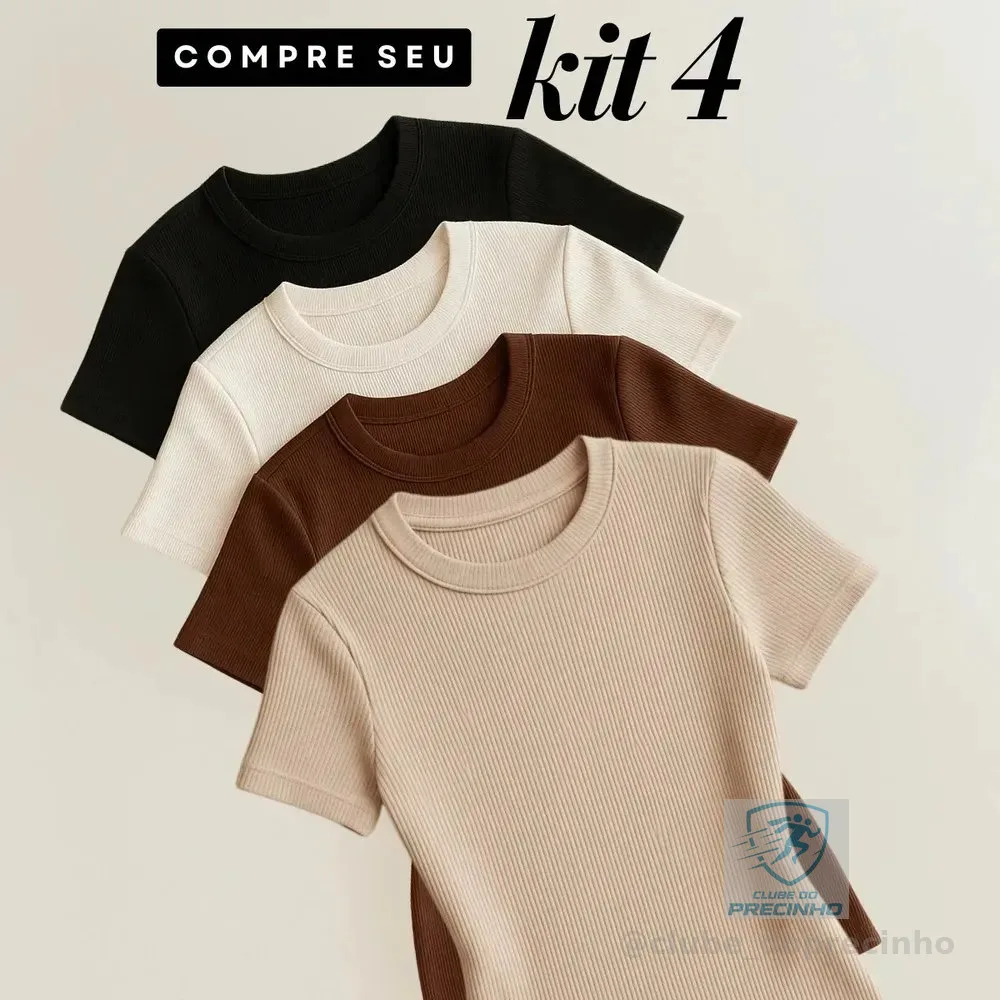 Kit 4 Blusas Feminina Ribana Canelado Estilosa Básica Casual Preto, Branco, Marrom E Nude Liso M/g (36/42)
