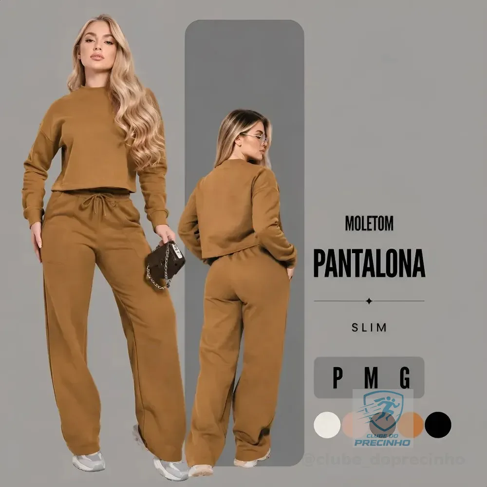Conjunto Feminino Moletom Cropped Calça Pantalona Casual M Caramelo