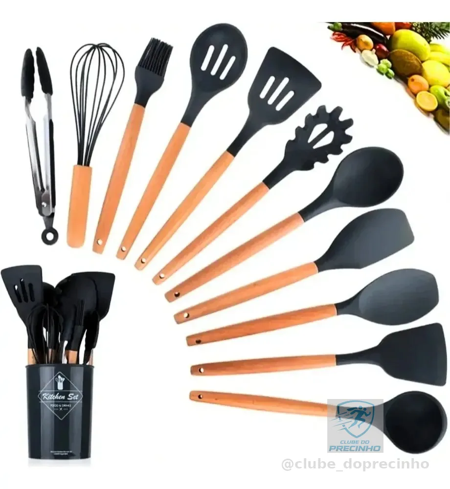 Kit 12 Utensílios De Cozinha Em Silicone E Cabo De Madeira Preto