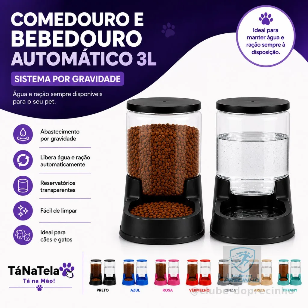 Kit Comedouro 3kg Bebedouro 3L Automático Cães Gatos Ração Água por Gravidade
