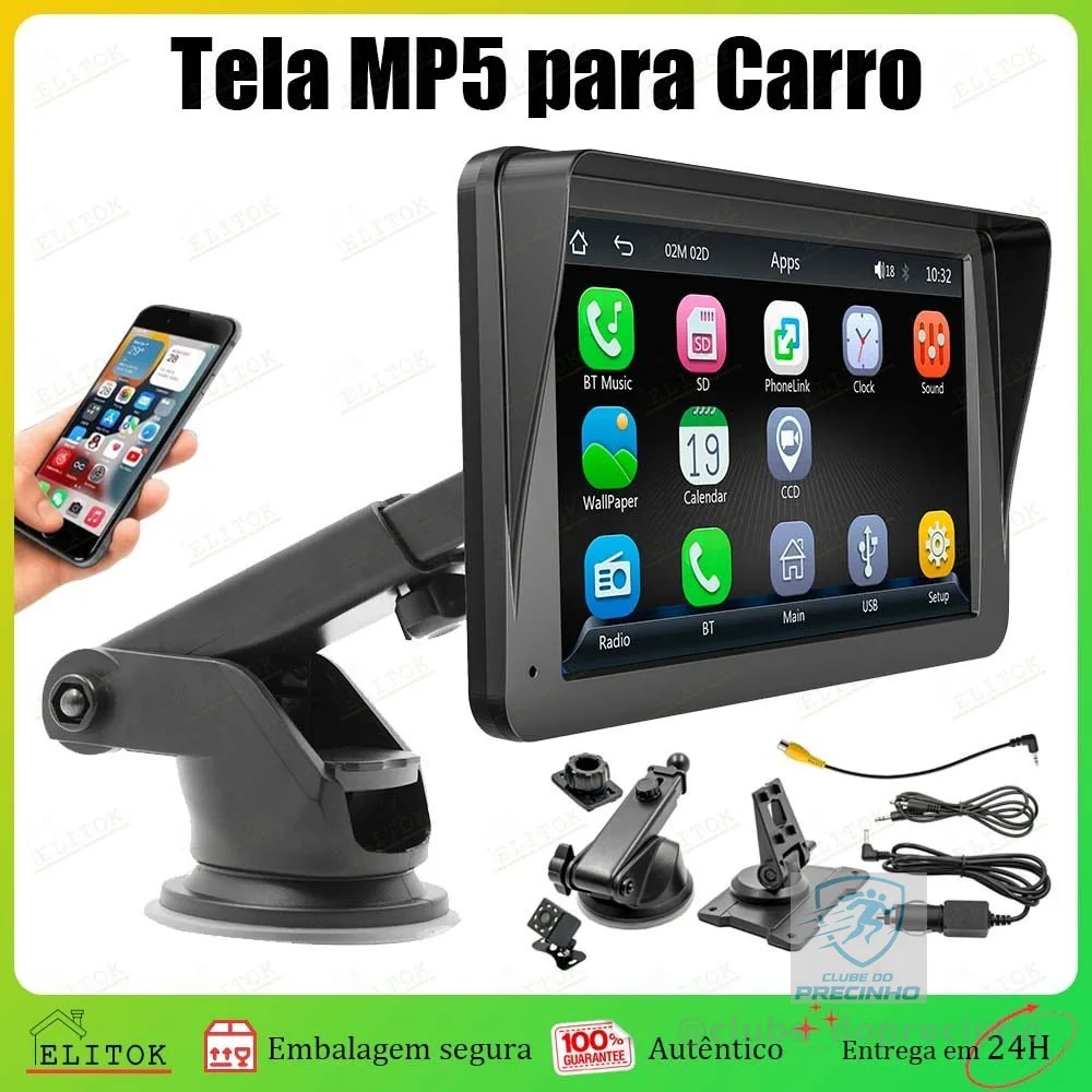 Tela MP5 para Carro 7 Polegadas Touch Bluetooth 5.0 CarPlay Android Auto USB FM Suporte Câmera de Ré acessórios de carro
