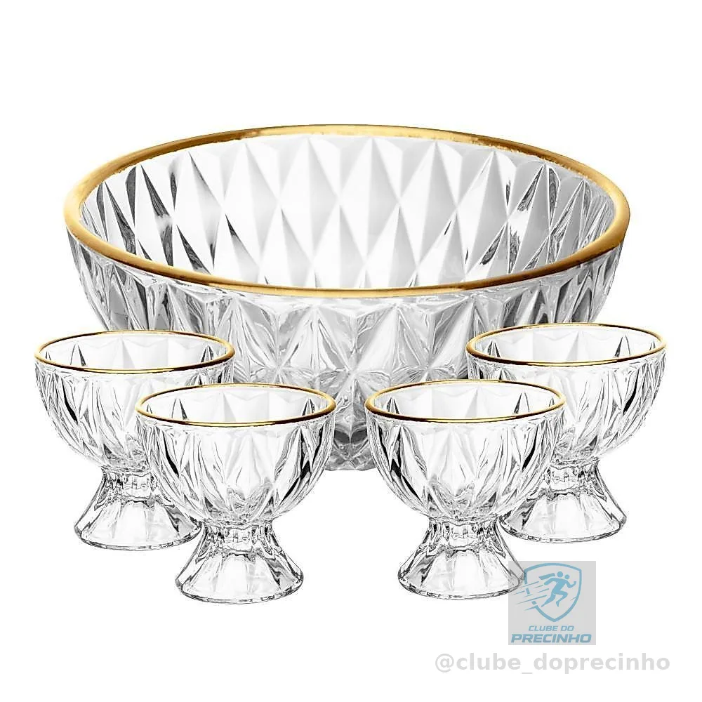 Conjunto 1 Bowl 1L e 4 Taças 120ml Diamond Lyor Cristal com Fio de Ouro para Sobremesas Doces Frutas Mousse Pavê 5 Peças