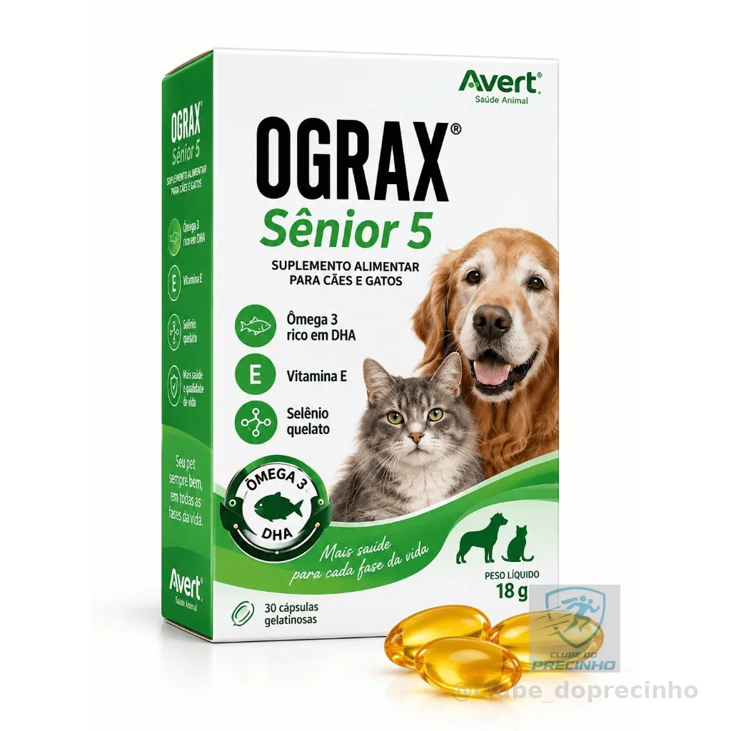 Ograx Sênior 5 Avert Ômega 3 DHA Vitamina E Selênio para Cães e Gatos Idosos 30 Cápsulas 18g