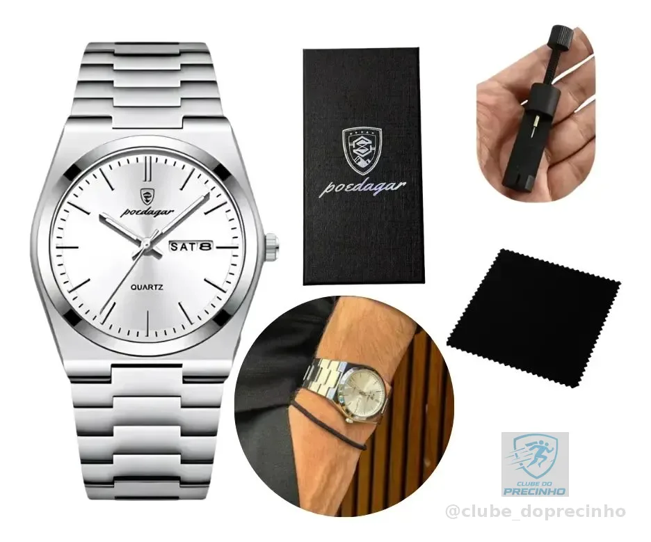 Relógio Poedagar Suiço  Masculino Aço Inox Old Money C/caixa Prateado Branco