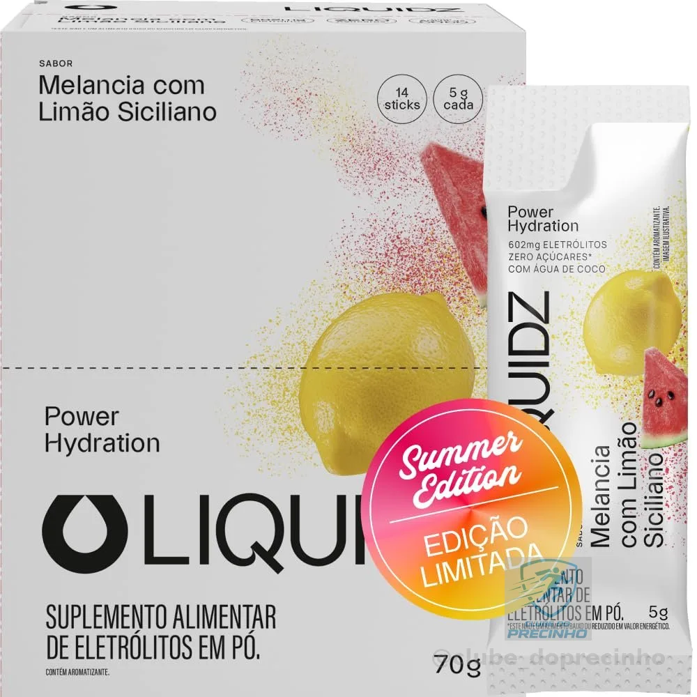 LIQUIDZ® - Eletrólitos Zero Açúcares - Sabor Melancia com Limão Siciliano - Kit 1 Caixa - 14 sachês