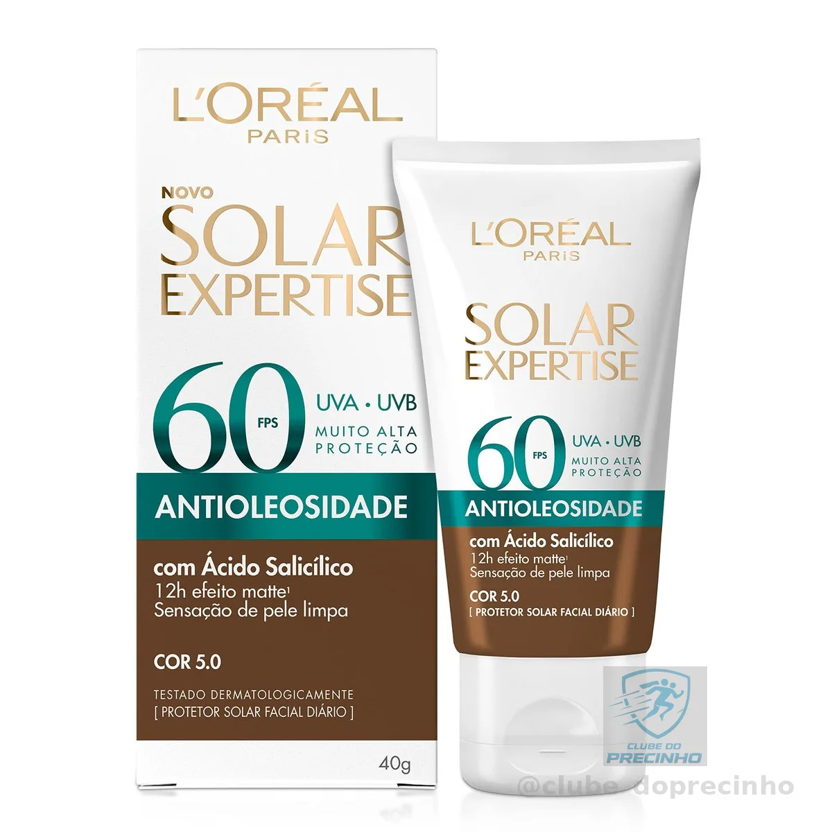 L'Oréal Paris Solar Expertise Protetor Solar Facial Antioleosidade FPS60 Efeito Matte com Ácido Salicílico, Alta Proteção de Amplo Espectro, Cor 5.0 Negra, 40g