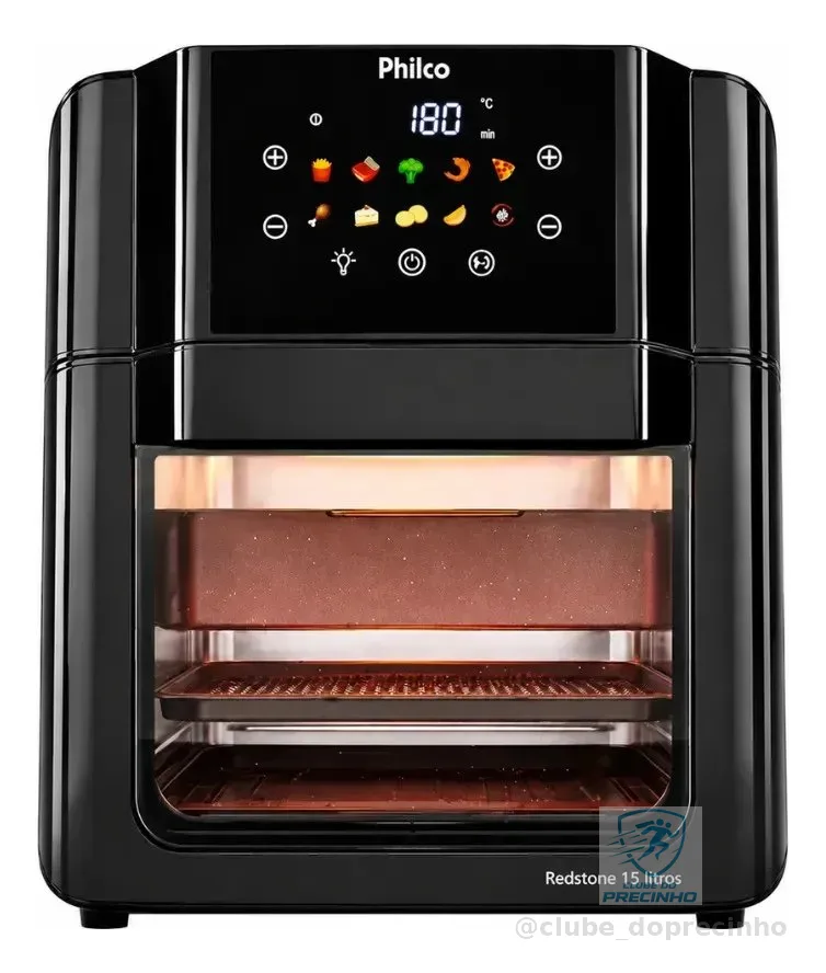 Philco PAF15C Fritadeira Air Fryer Oven 15 Litros Revestimento Redstone Porta Removível Luz Interna 10 Funções Preta
