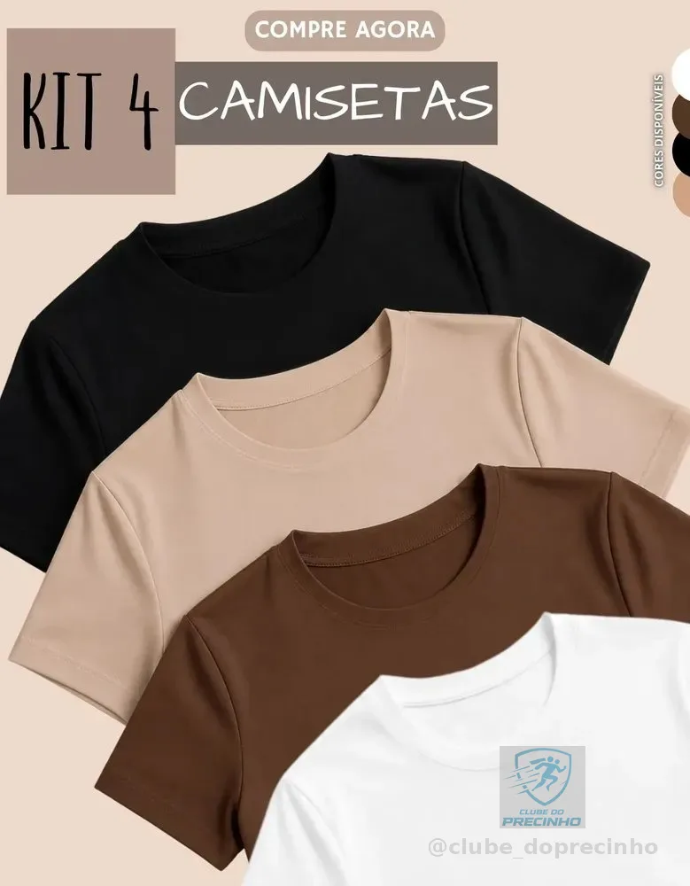 Kit 4 Blusas Feminina Suplex Estilosa T Shirt Básica Casual Preto + Branco + Marrom + Nude Liso G/gg (40-42)