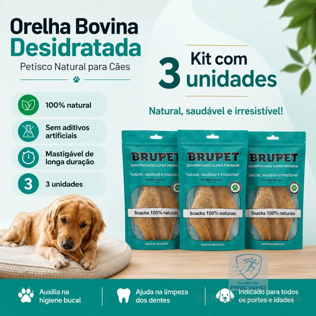 Kit 3un Orelha Bovina Desidratada Brupet Petisco 100% Natural Cães Cachorro Mordedor Pet Unidades