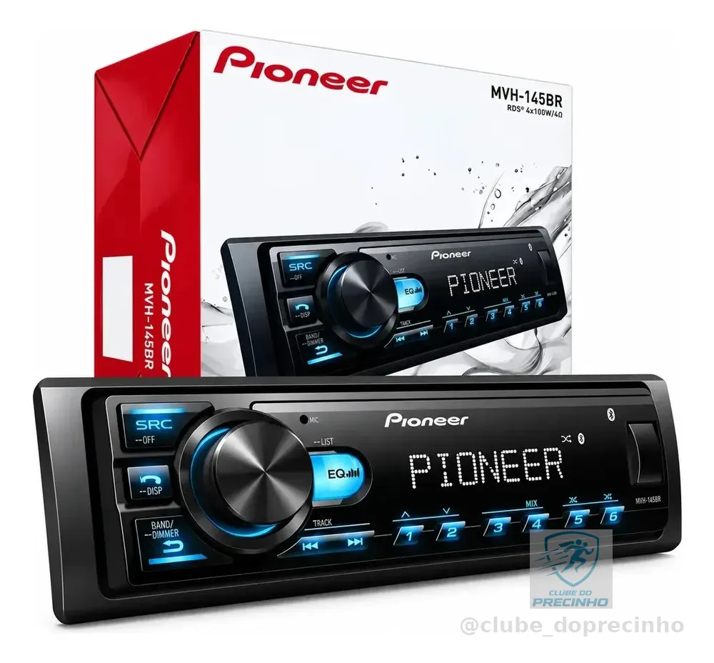 Rádio Pioneer Bluetooth 5.4 Automotivo MVH-145BR USB MP3 FM FLAC 1 DIN 4x23W RMS