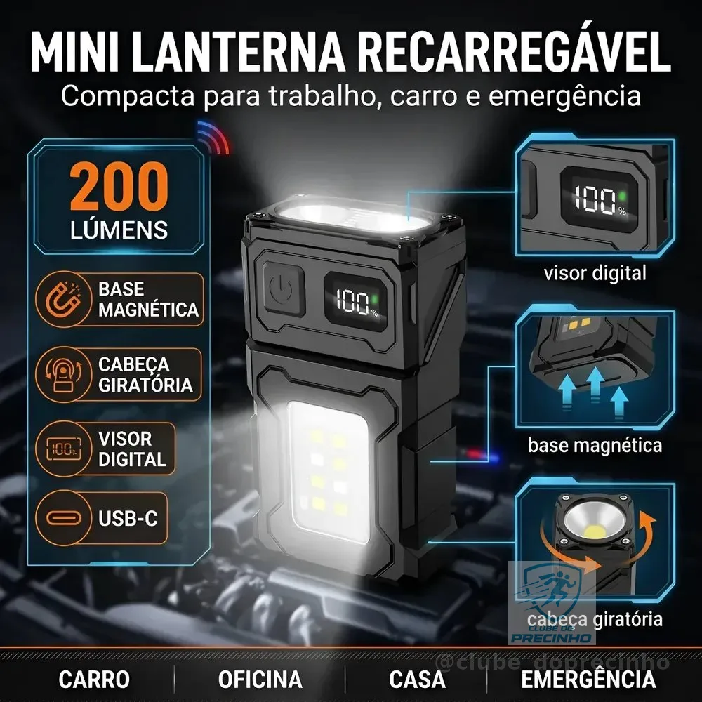 Lanterna Recarregável Portátil Com Clipe E Ímã Visor Digital Branco Preto