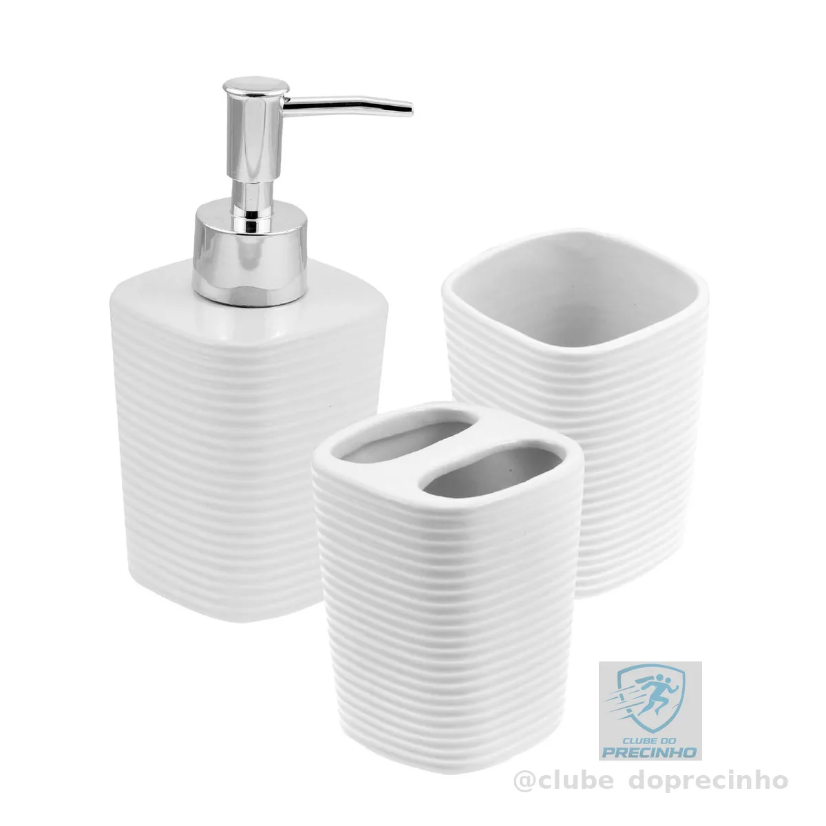 WOLFF - Conjunto 3 Peças para Banheiro Lines Branco - 1 Porta Sabonete Líquido, 1 Porta Algodão e 1 Porta Escovas