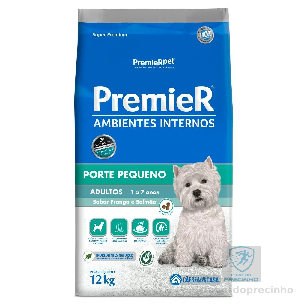 Ração Premier Ambientes Internos Cães Adultos Porte Pequeno Frango e Salmão 12kg