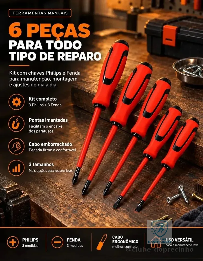 Jogo de 6 Peças Chaves Fenda e Phillips Isoladas Imantadas Eletricista Kit Profissional Ponta Magnética Cabo Emborrachado Ferramentas Pro Brindes