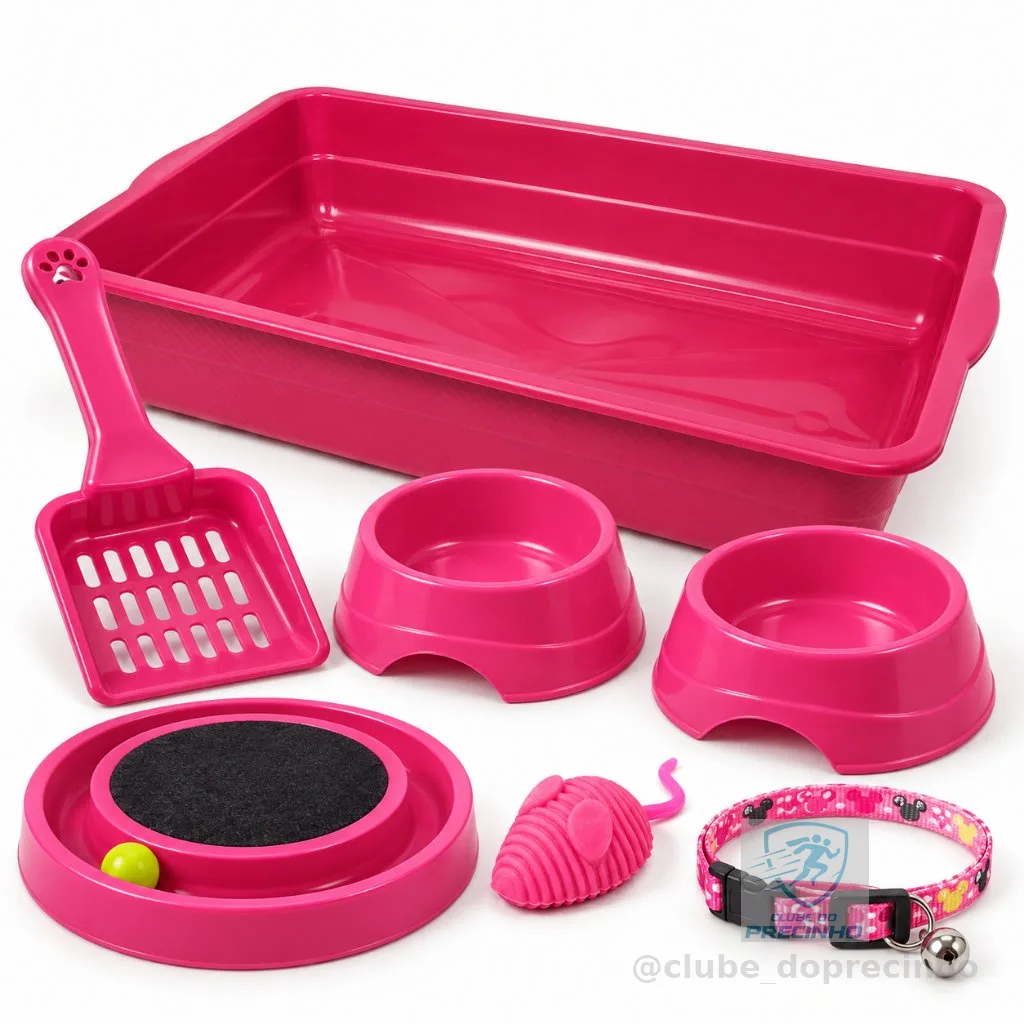 Kit Enxoval Gato Completo com Caixa de Areia 8L Arranhador Comedouro Bebedouro 150ml Brinquedo e Pá
