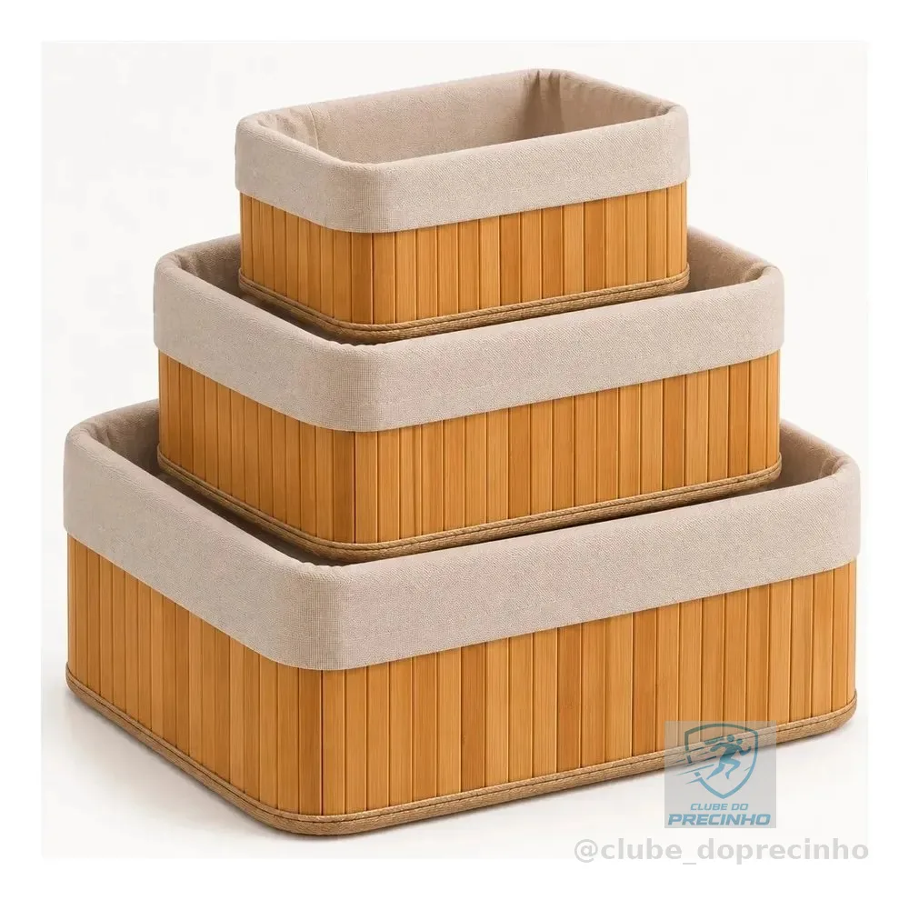 Kit 3 Cestos Organizadores De Bambu Retangulares Com Forro