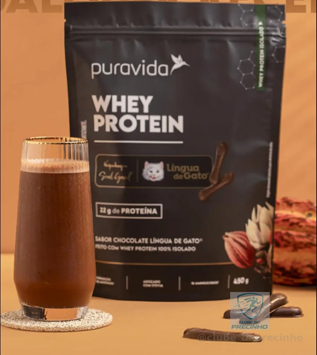 Whey Protein Isolado Puravida Chocolate Língua de Gato 450g