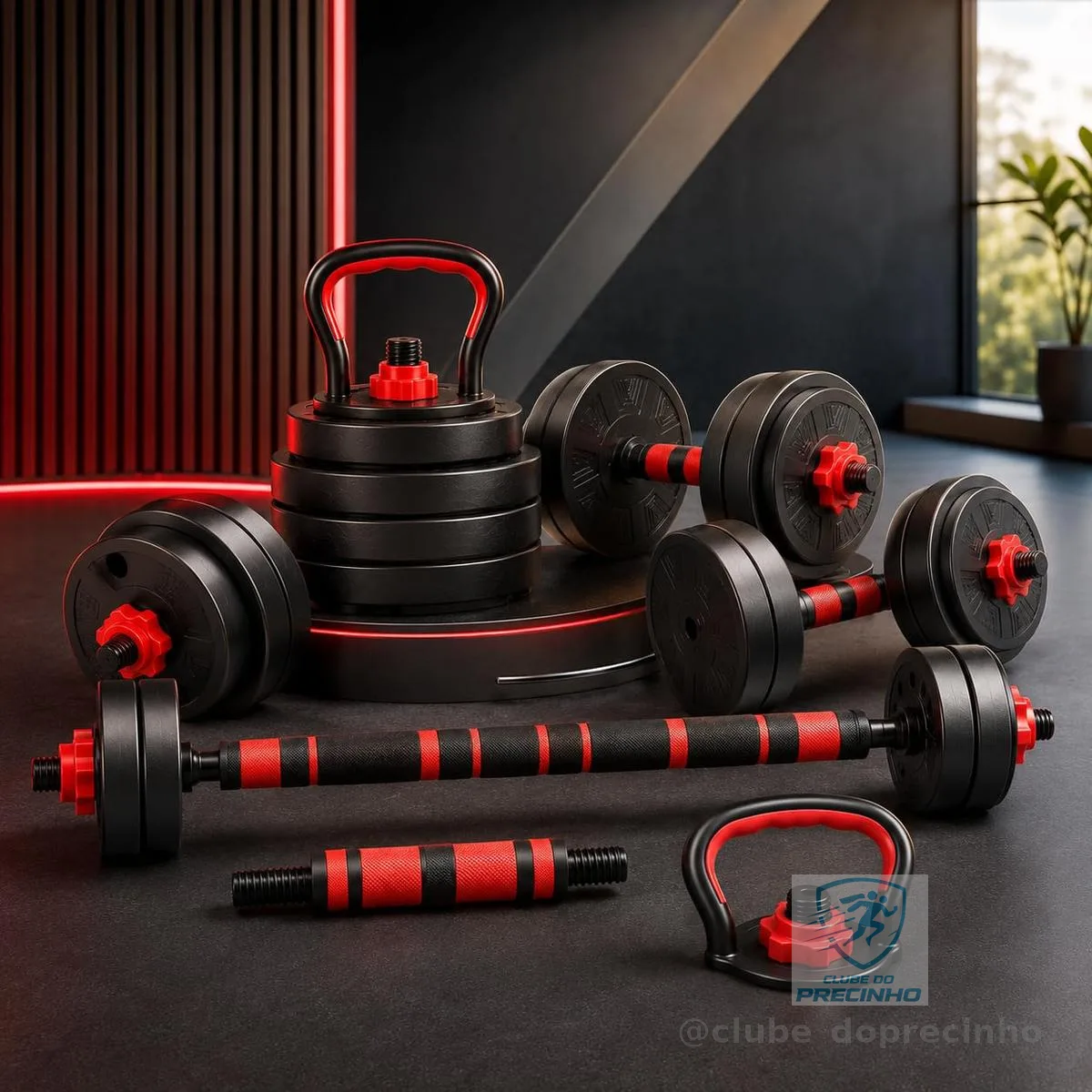 Kit Halteres Ajustável 6 em 1 15kg Multifuncional com Barra, Kettlebell e Suporte para Flexões | Musculação Completa para Casa