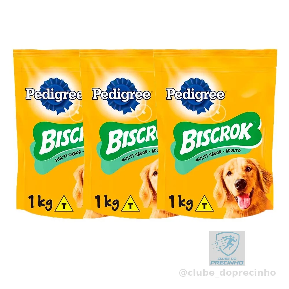 Kit 3 Biscoito Pedigree Biscrok Multi Cães Adultos 1kg