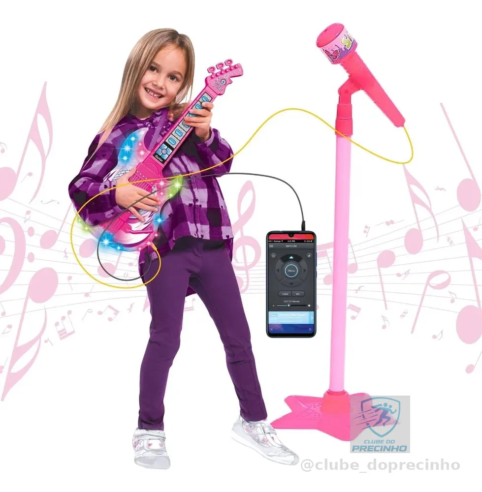 Guitarra E Microfone Infantil Instrumento Brinquedo Musical Cor Rosa Atentu