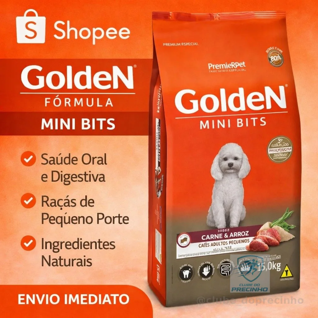 Ração Premium Golden fórmula mini bits cães adultos raças pequenas carne arroz 15kg