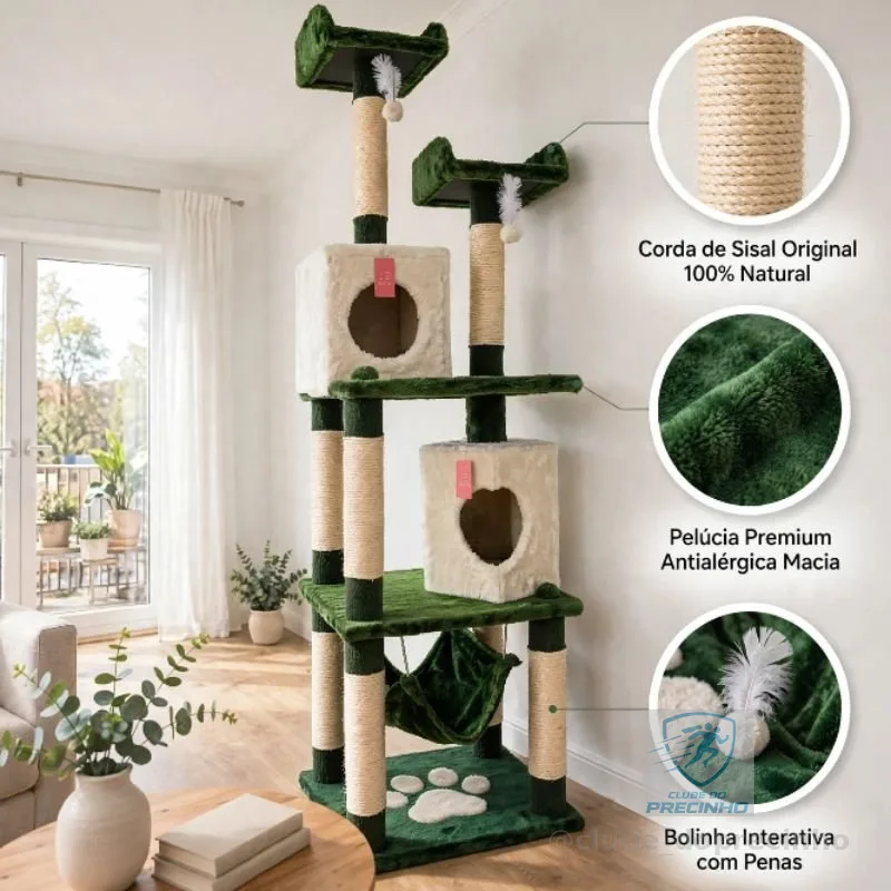 Arranhador Gigante 1,96m para Gatos com 2 Tocas, Rede e Sisal | Torre Casinha Petgrall