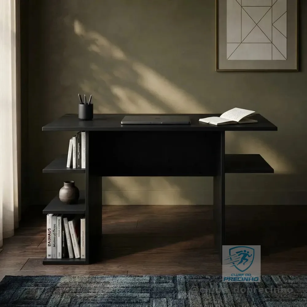 Mesa De Estudo Em Mdp Para Notebook Com Nichos E Prateleiras Preto