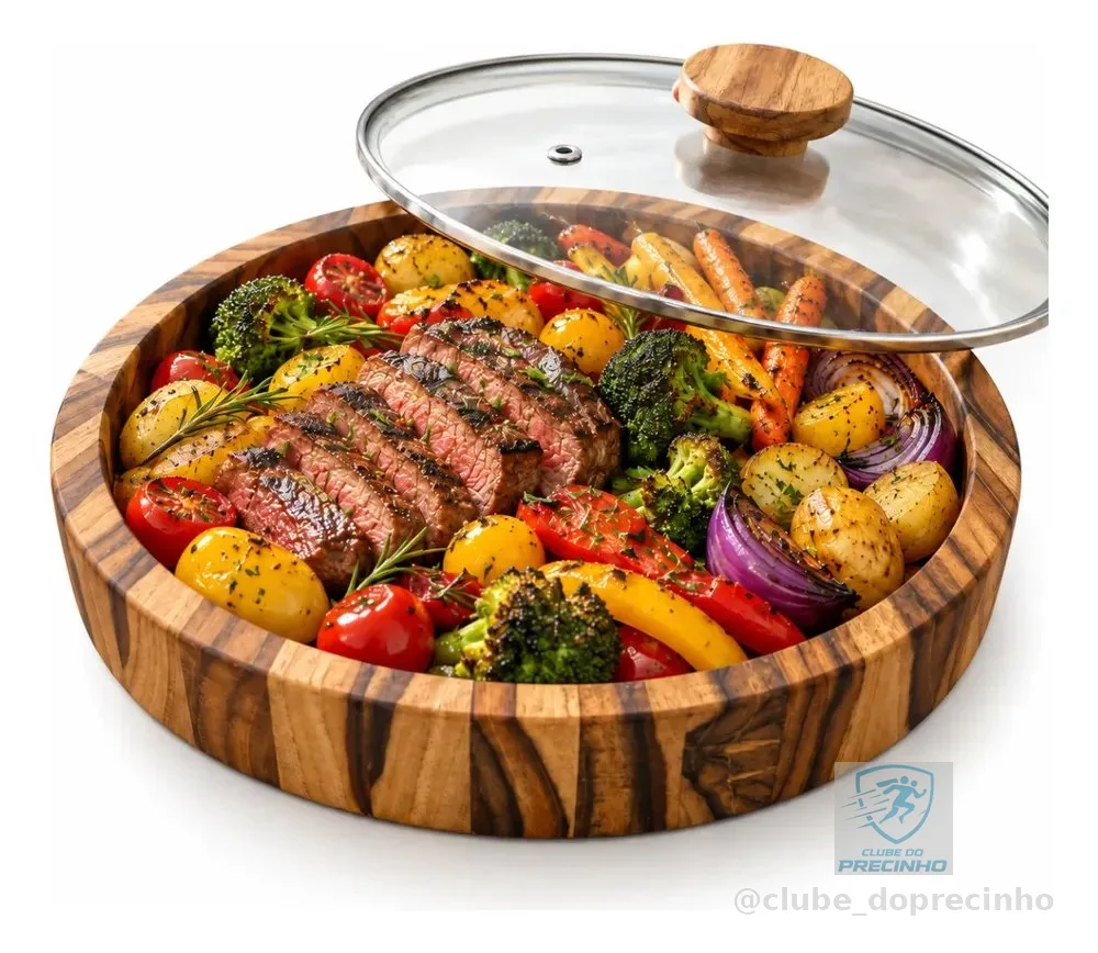 Gamela Madeira Redonda 35cm Churrasco Saladeira Tampa Vidro