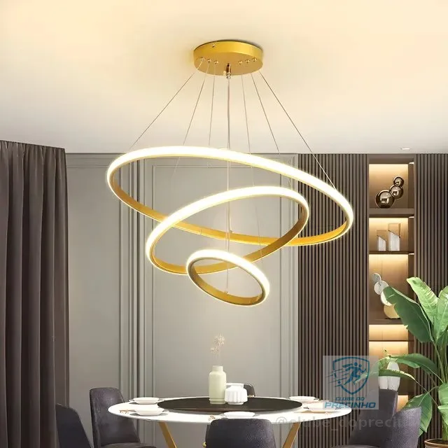 Lustre Pendente Led Moderno Anéis Led 89w 3 Arcos Dourado