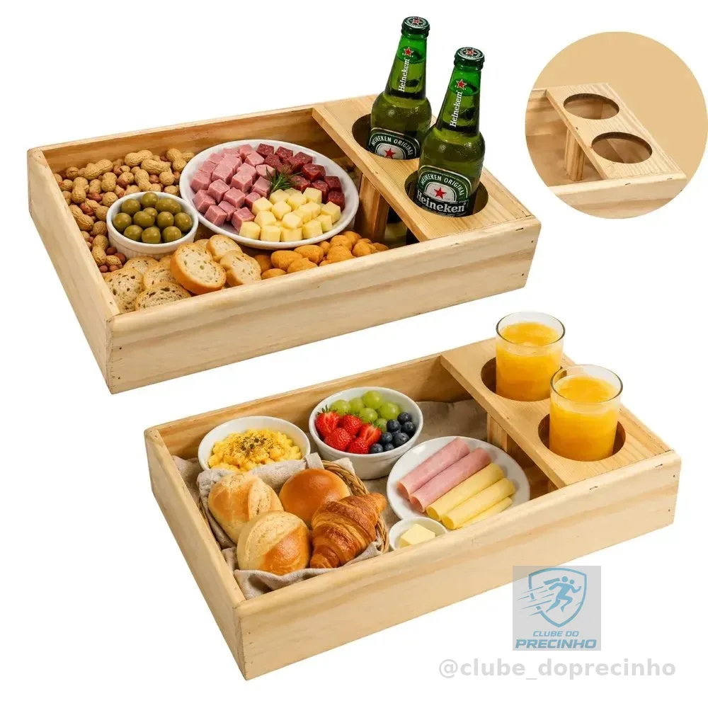 LIDER SHOP Bandeja Para Servir Café Manhã Cama Suporte Sofá Petiscos Suco Cerveja 30x20x6 Madeira Pinus Organizadora Resistente Multiuso