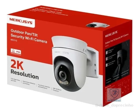 Mercusys MC510 Câmera de Segurança Wi-Fi Externa 2K 3MP, Rotação 360°, Visão Noturna Colorida, Detecção de Pessoas e Rastreamento de Movimento, IP65, Áudio Bidirecional, Alexa e MicroSD até 512 GB