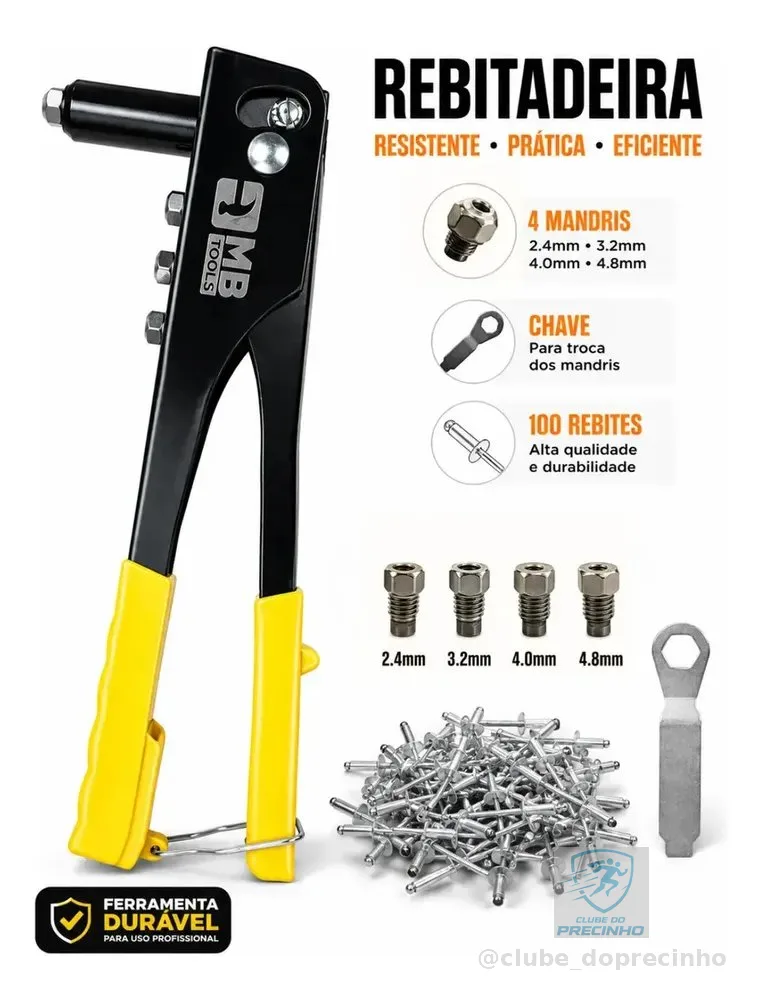 Rebitadeira Manual Alicate Rebitador Com 100 Rebites 4 Bicos Mandris