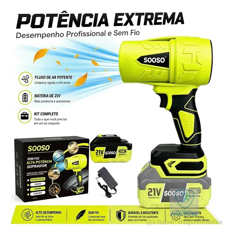 Sooso Soprador de Ar Turbo 21V Alta Potência Sem Fio Recarregável Portátil para Carro Casa Jardim PC Eletrônicos Folhas Poeira