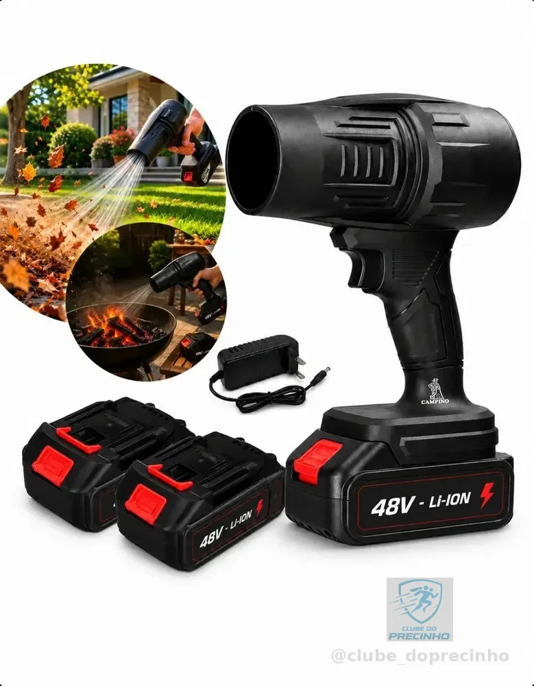Soprador De Ar 48v 2 Baterias Potente Turbo Portátil Sem Fio Elétrico Recarregável Folhas Pó Profissional Bivolt Limpeza Alta Potência Forte Carro Garagem Jardim Oficina Quintal Churrasqueira Premium
