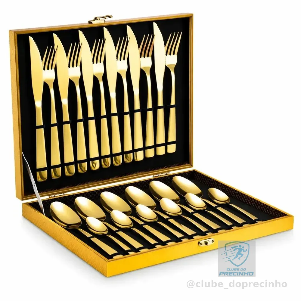Eps-158 Kit Faqueiro Dourado Luxo Jogo Talheres Inox 24pçs + Maleta Sem Estampa