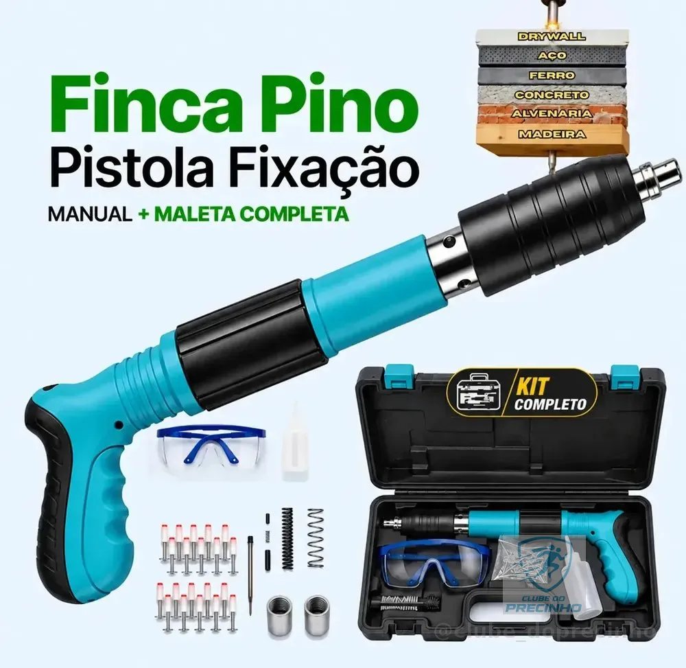 Pistola Fixação Finca Pino Ação Direta Pregos + Maleta Epi Pinador Pregador Grampeador Rebitador De Prego Pressão Manual Ferramenta Para Drywal Gesso Concreto Aço Parede Forro Pvc Grampo Kit Premium
