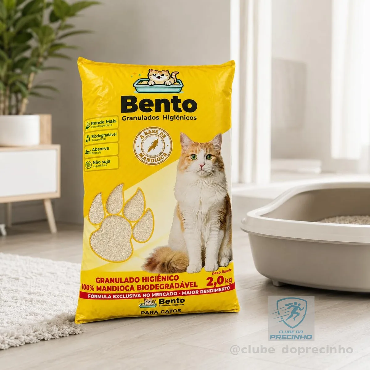 Areia Sanitária Higiênica para Gatos 2kg Biodegradável de Mandioca Alto Poder de Absorção Natural sem Perfume Torrão Firme Baixa Poeira para Caixa de Areia e Ajuda no Controle de Odores
