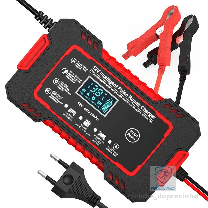Carregador 12V Inteligente para Carros | Display Digital | Reparação de Bateria com Pulso Rápido
