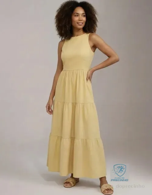 Vestido Midi Três Marias Viscose Linho Com Bolsos Laterais