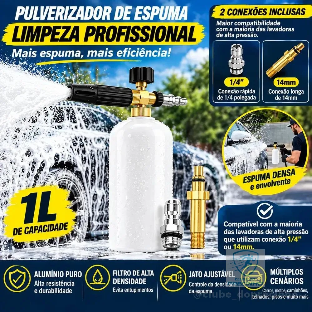 Fallove Pulverizador de Espuma 1L Canhão de Espuma p/ Carros e Motos com 2 Engates: Rápido 1/4" e Longo 14mm, Compatível com Lavadoras de Alta Pressão, Alumínio e Ajuste de Espuma
